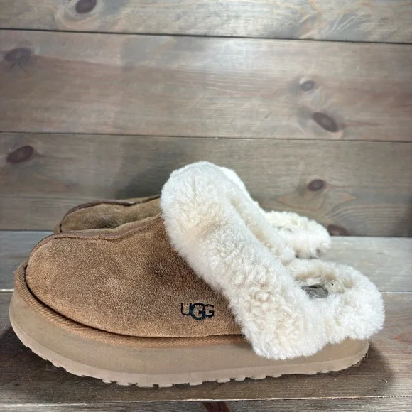ugg disquette womens size 8 shoes brown suede shearling platform slippers - Picture 1 of 9